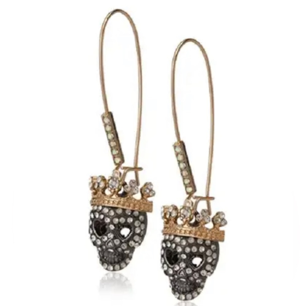 Betsey Johnson Black and Gold Crystal Skull Crown Drop Earrings